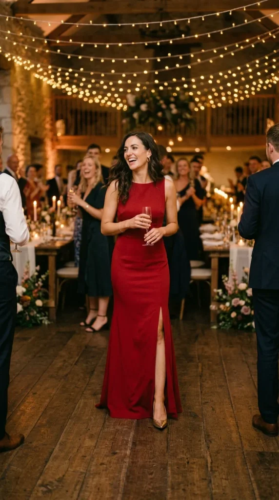 Smiling wedding guest in a red fitted sleeveless gown with a high leg slit, holding a champagne glass at a warmly lit indoor reception with hanging string lights.