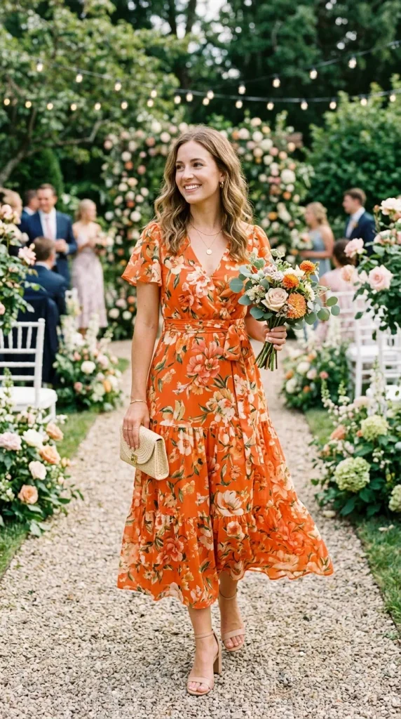 A woman smiling in a vibrant orange floral midi dress with short flutter sleeves, a waist tie, and a tiered flowing skirt, holding a bouquet and a woven clutch at an outdoor garden wedding.