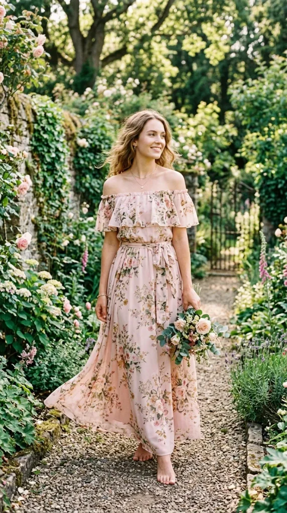 A smiling woman walking down a sunlit garden path holding a small floral bouquet, wearing a romantic blush pink floral off-the-shoulder maxi dress with a waist tie.