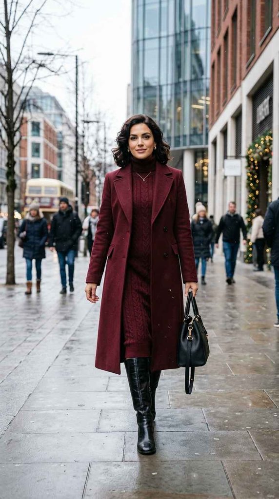 A stylish monochromatic winter look featuring a deep burgundy long coat over a matching turtleneck cable-knit dress and black boots, highlighting Classy Dress Outfit Ideas for Women of Every Age.