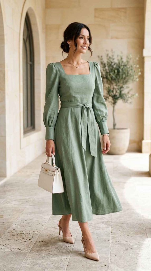 Woman wearing a sage green modest midi dress with puff sleeves, waist tie, and handbag for an elegant summer outfit