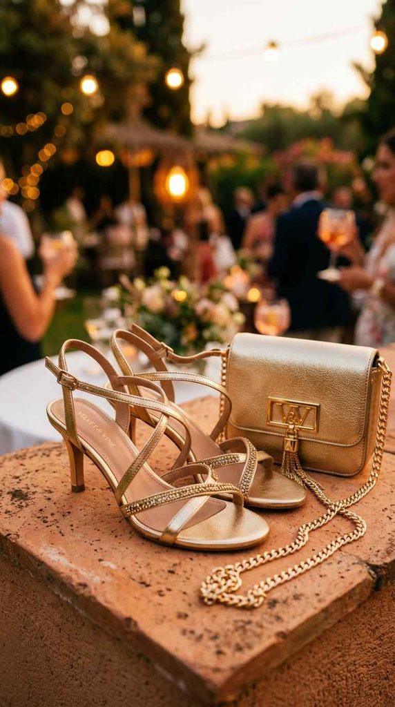 Close-up styled photograph of gold strappy heels with small embellishments, alongside a matching small gold chain crossbody bag, arranged on a terracotta surface with party lights in the background.