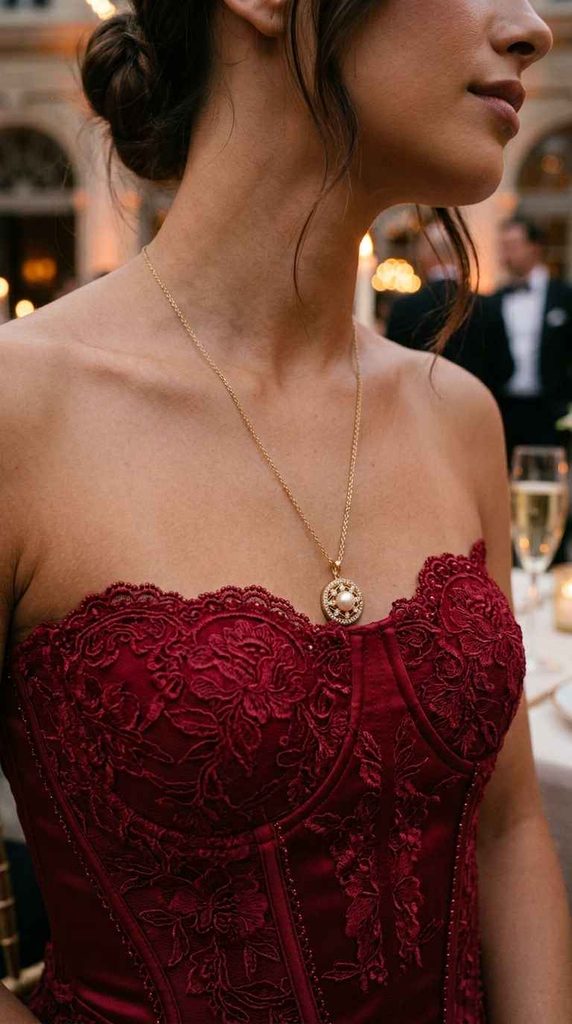Close-up styled photograph focusing on the sweetheart neckline of a deep red lace corset bodice dress, showcasing a delicate gold pendant necklace resting on the collarbone, with a blurred formal background.