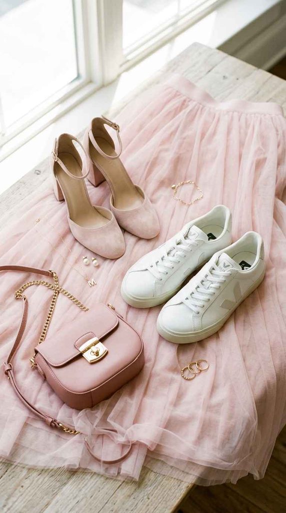 Pink block heels, white sneakers, and a pink bag on pink tulle fabric. This styling shot identifies the flat lay details for the "Fun & Flirty" birthday mood