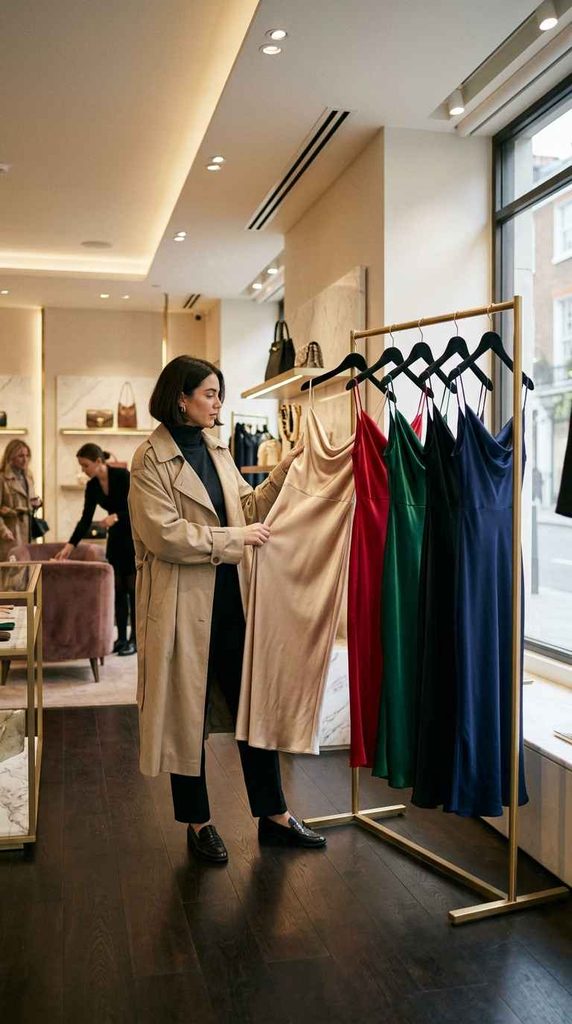 A brunette woman wearing a long beige trench coat and black turtleneck smiles as she browses a clothing rack filled with elegant satin midi dresses in various colors like gold, red, green, and navy blue, in a brightly lit boutique with marble accents and wooden floors.