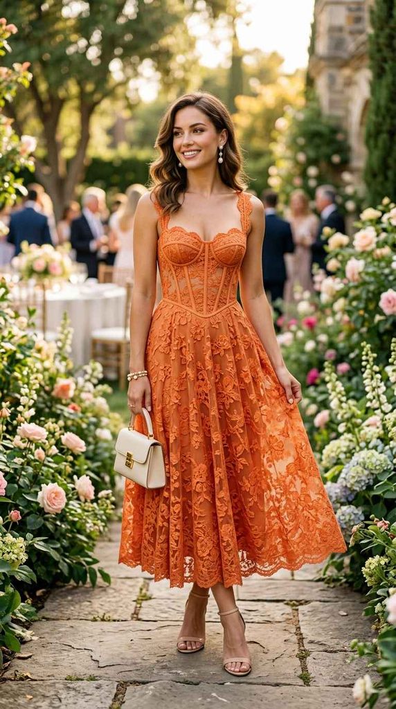 A full-length photograph of a smiling woman walking along a stone path in a beautiful flower garden, wearing an orange floral lace midi dress featuring a structured corset bodice, paired with a small white handbag and nude heels