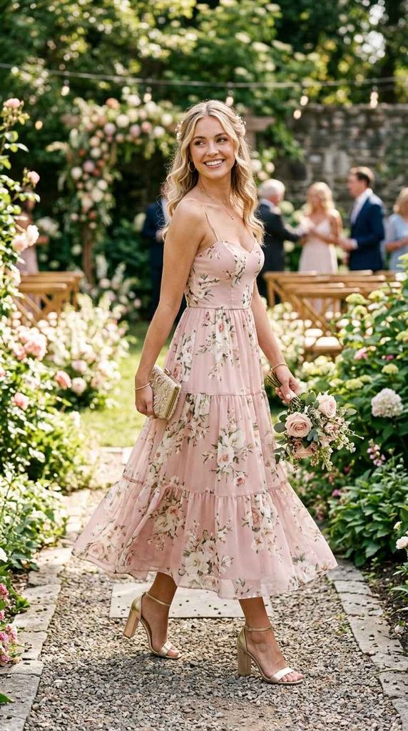 A smiling woman walking along a stone path in a sunlit garden, wearing a romantic blush pink floral tiered midi dress with spaghetti straps, holding a small bouquet of flowers and a clutch.