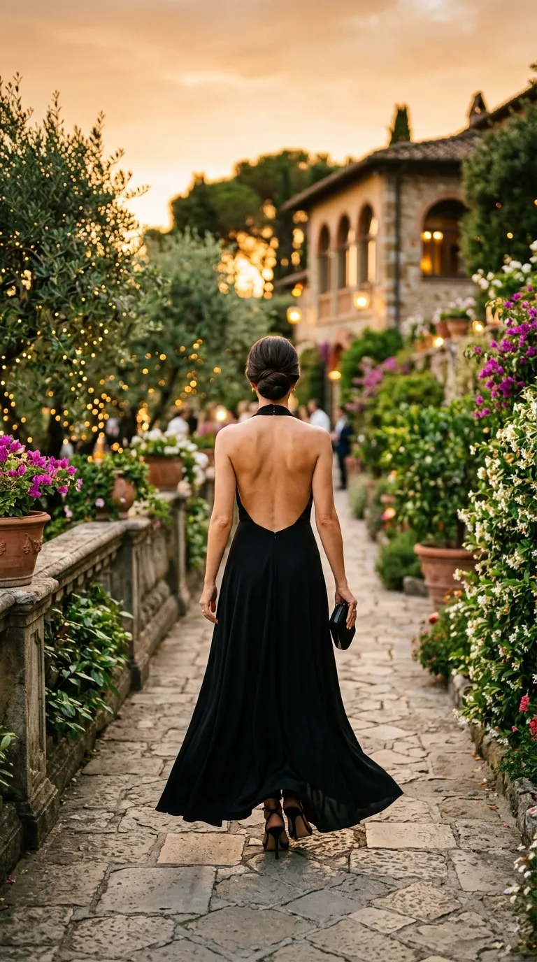 A woman seen from behind walking along a stone garden path during sunset, wearing a flowing black halter evening gown with an open back. Her hair is styled in a sleek low bun, and she carries a small black clutch while wearing black high heels, set against a background of warm lights, lush flowering plants, and classic villa architecture.