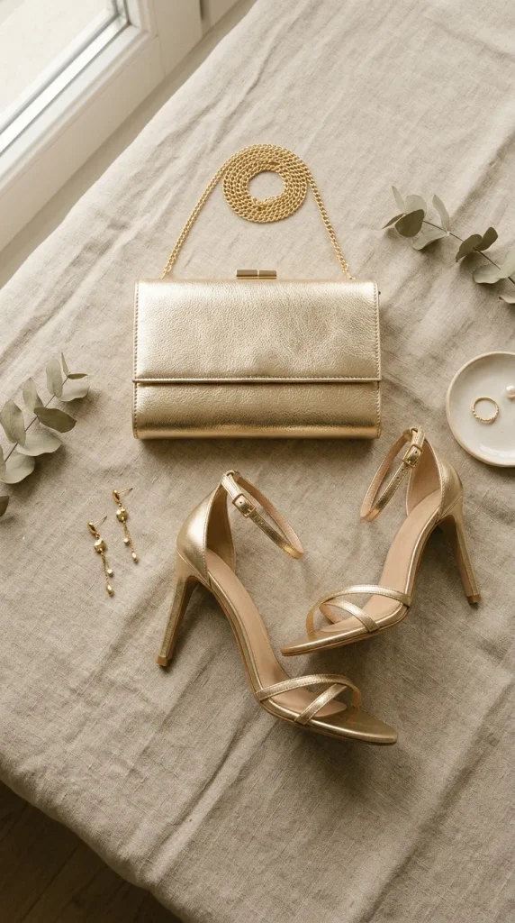 Minimalist flat lay of metallic gold strappy high heels, a gold clutch bag with a chain strap, and gold drop earrings arranged on a neutral linen surface.