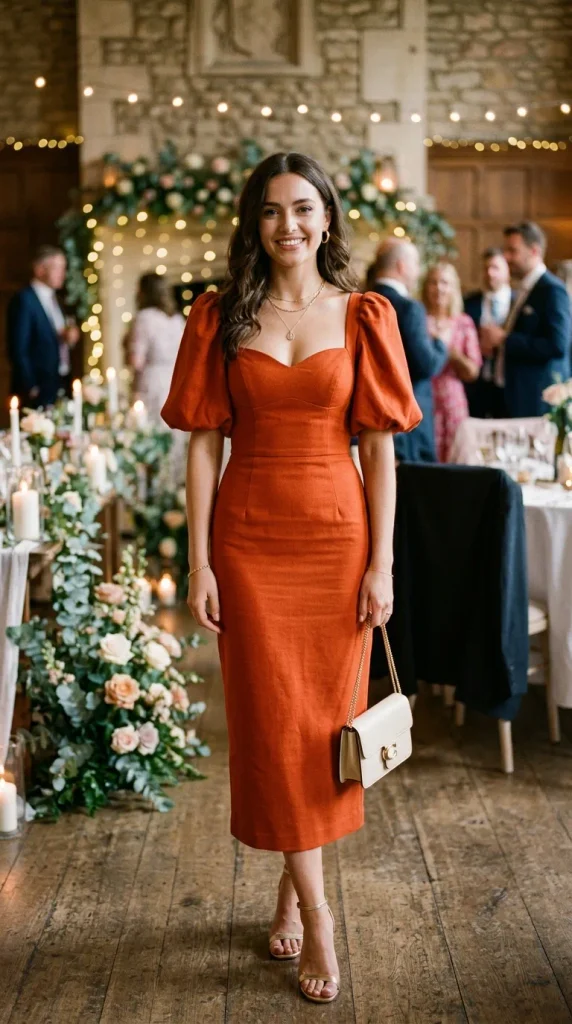A woman wearing a classic orange midi dress with a sweetheart neckline, short puff sleeves, and a tailored fitted silhouette, accessorized with a cream handbag in an elegant reception venue.