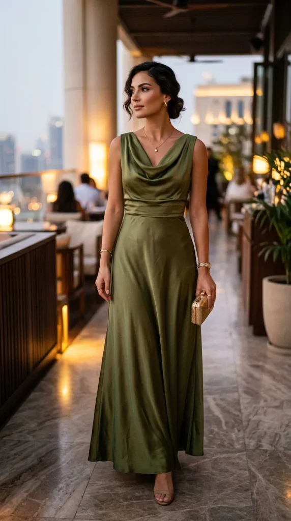 An elegant woman at a sophisticated evening venue wearing a luxurious olive green silk maxi dress with a graceful cowl neckline and a fitted silhouette, accessorized with a gold clutch.
