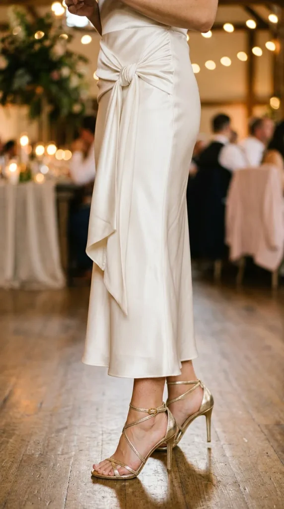 A close-up styled shot focusing on an ivory satin dress with a beautiful draped side sash detail, paired with elegant gold strappy heels at an event.