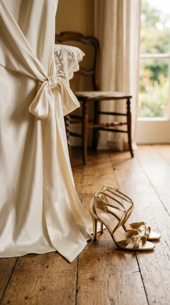 A close-up detail shot of an elegant ivory satin dress featuring a knotted and draped side sash, with a pair of gold strappy heels resting on the wooden floor nearby.