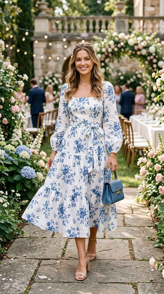 Woman wearing a white and blue floral modest midi dress with long sleeves at a garden wedding event