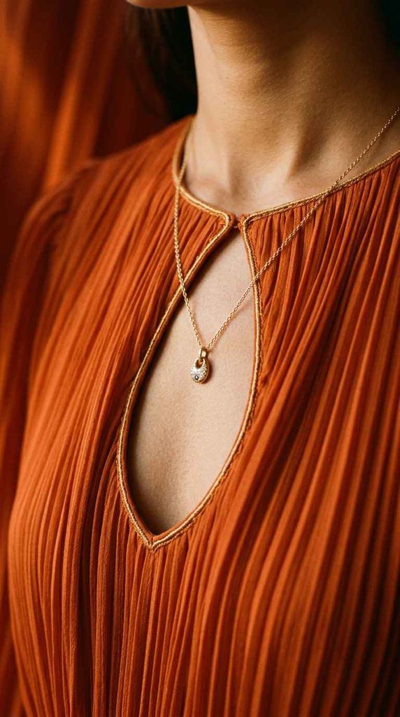 Close-up focus on a delicate gold chain necklace with a small pendant, resting inside the keyhole cutout of a pleated orange chiffon dress.