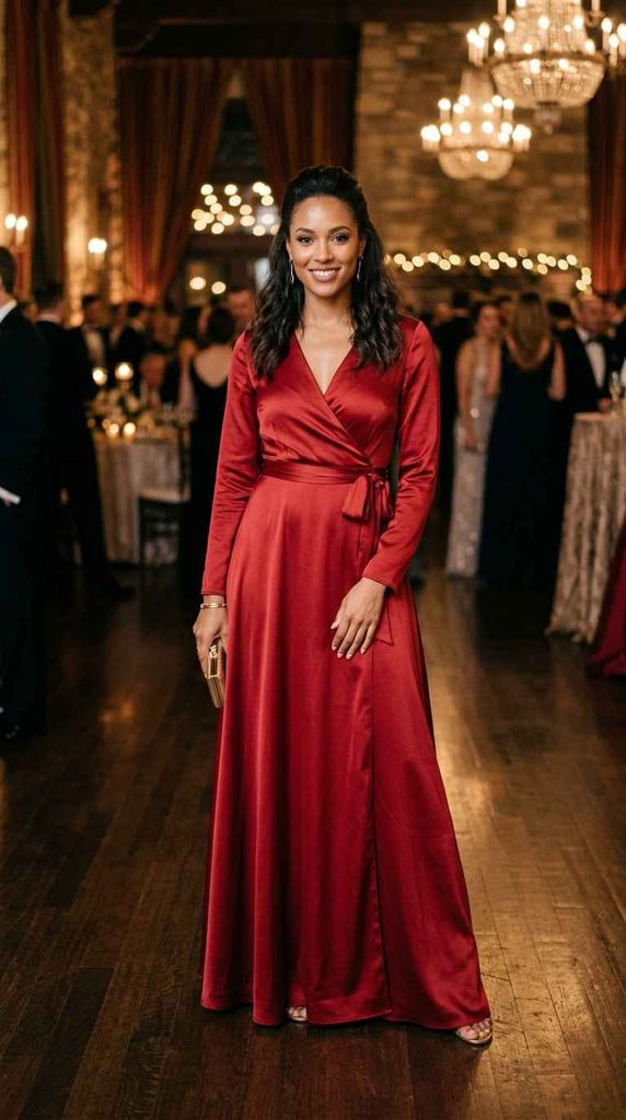 Full-length editorial photograph of a woman posing confidently in a long-sleeve red satin wrap-style gown with a waist tie sash and a side slit, holding a gold clutch, in a sophisticated formal dinner setting with large chandeliers in the background.