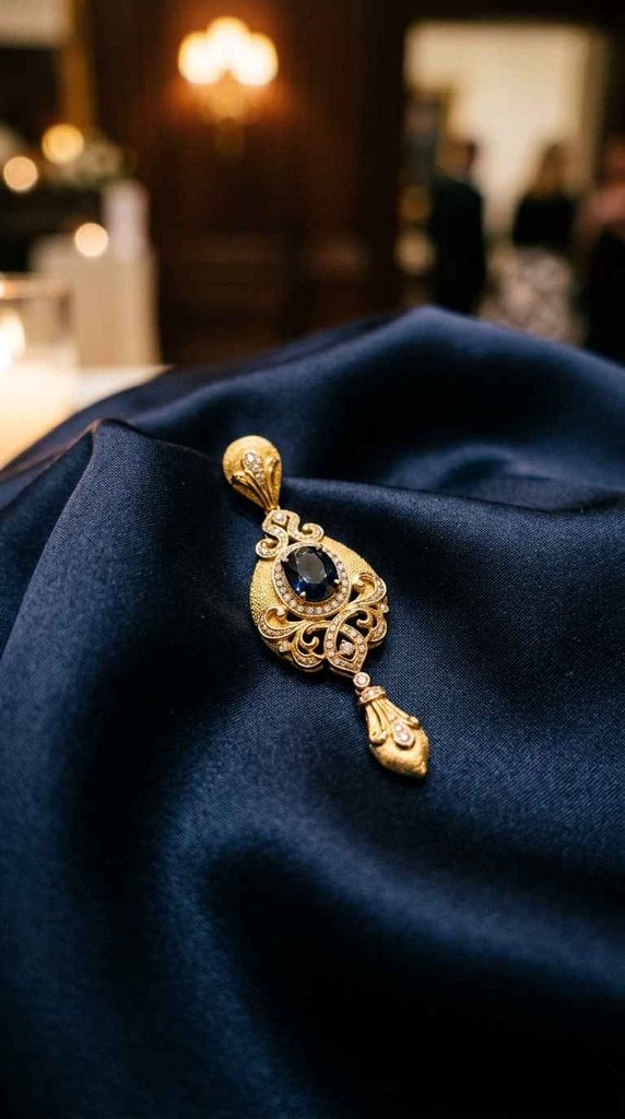 A close-up vertical photograph focusing on a detailed vintage-style gold and sapphire pendant earring resting on a piece of draped, rich navy blue satin fabric. The pendant has intricate filigree work with small diamond accents and a central oval blue sapphire. The background is a soft-focus bokeh of warm lights at an evening event.