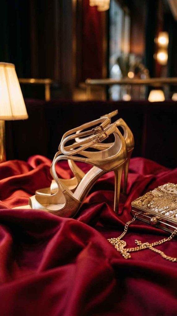 Strappy gold heels and a gold clutch on red satin fabric. This detailed image ensures this combination is correctly identified for the "Glam Night Out" section