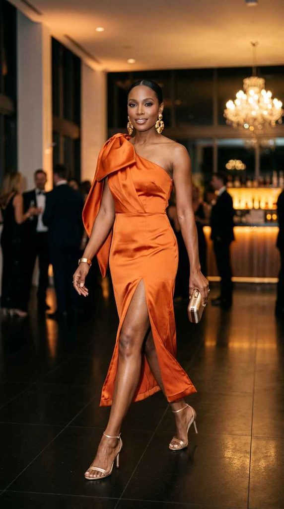 A full-length photograph of a woman at a luxurious evening event, wearing a sophisticated orange satin one-shoulder midi dress with a large shoulder bow and front slit, styled with bold gold earrings, a metallic clutch, and strappy heels