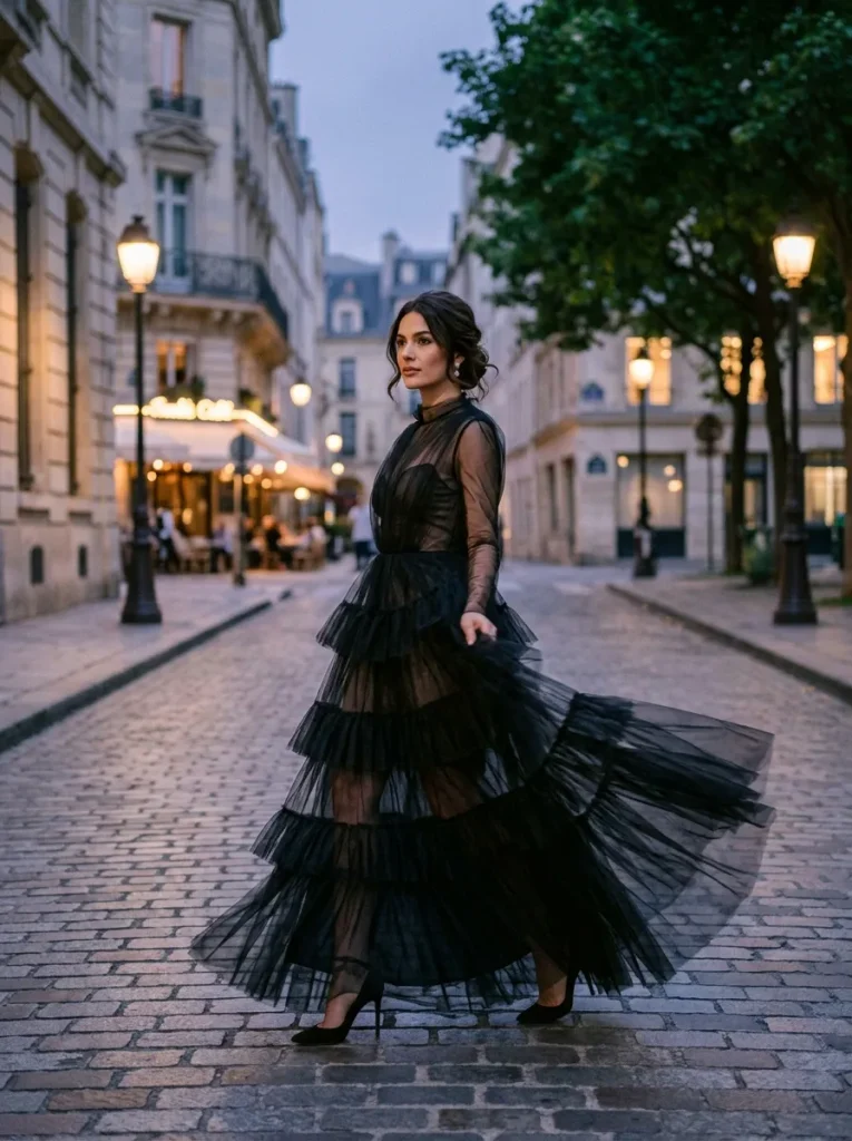 A woman walking gracefully across a cobblestone city street at dusk, wearing a dramatic black sheer tulle gown featuring a high neckline, long sheer sleeves, and a sweeping, tiered floor-length skirt. Her hair is styled in a soft romantic updo, and she completes the elegant look with black stiletto heels, set against a backdrop of classic European architecture, glowing streetlamps, and a warmly lit cafe.
