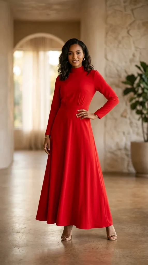 Full-length editorial photo of a smiling woman wearing a sharp red pantsuit with a matching belted blazer and black heels in a contemporary architectural setting.