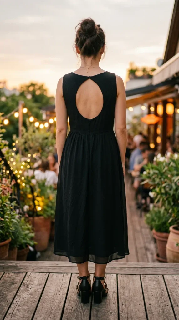 A woman seen from behind standing on a wooden outdoor terrace, wearing a sleeveless black midi dress featuring a round keyhole back cutout. Her hair is styled in a high topknot bun, paired with black block-heeled sandals with ankle straps, set against an evening patio setting with potted plants and warm, glowing string lights.