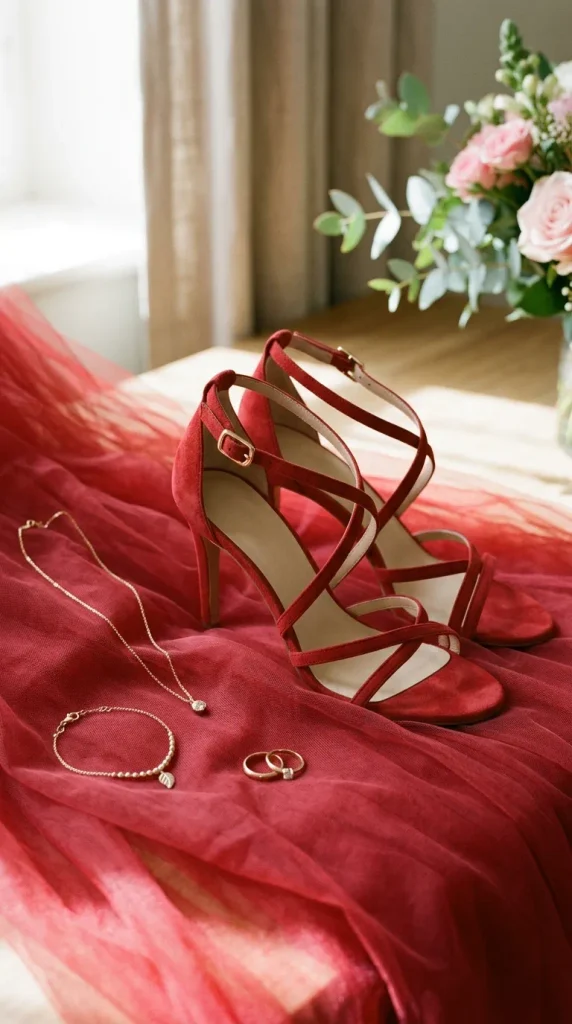 Close-up detail shot of red strappy heeled sandals styled alongside a delicate gold necklace, bracelet, and rings over soft red tulle fabric.