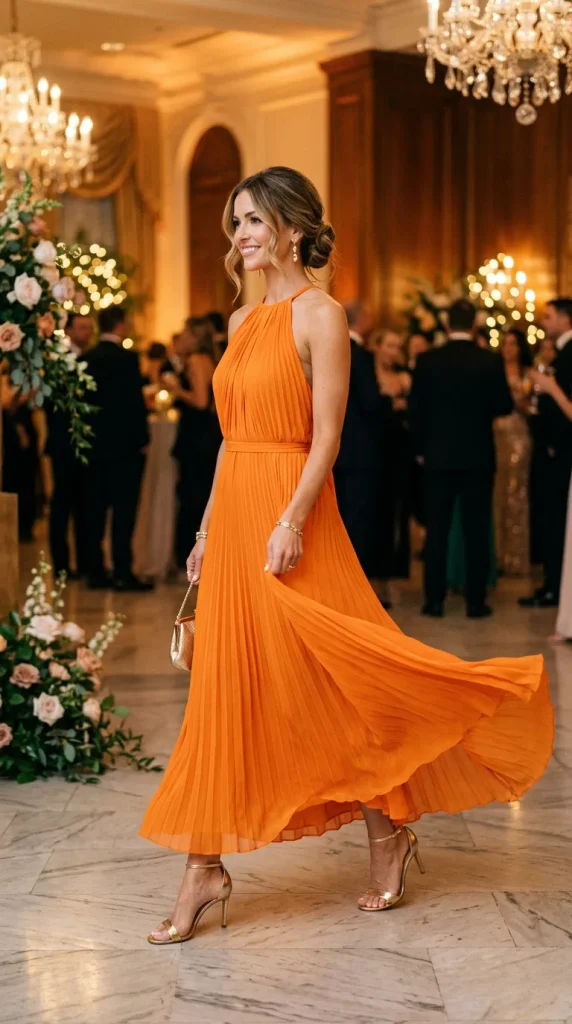 A woman twirling in a sophisticated flowing orange pleated halter midi dress, styled with metallic gold heels and an elegant updo hairstyle at a formal evening celebration.
