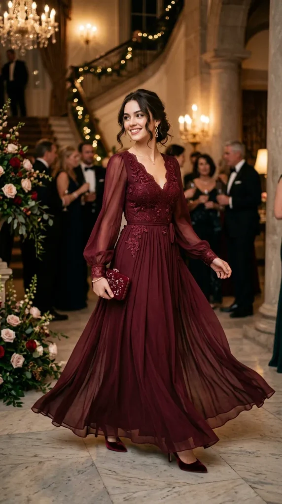 A woman twirling at a formal indoor event wearing a romantic deep burgundy chiffon maxi dress featuring long sheer bishop sleeves, a V-neckline, and delicate lace embroidery on the bodice.