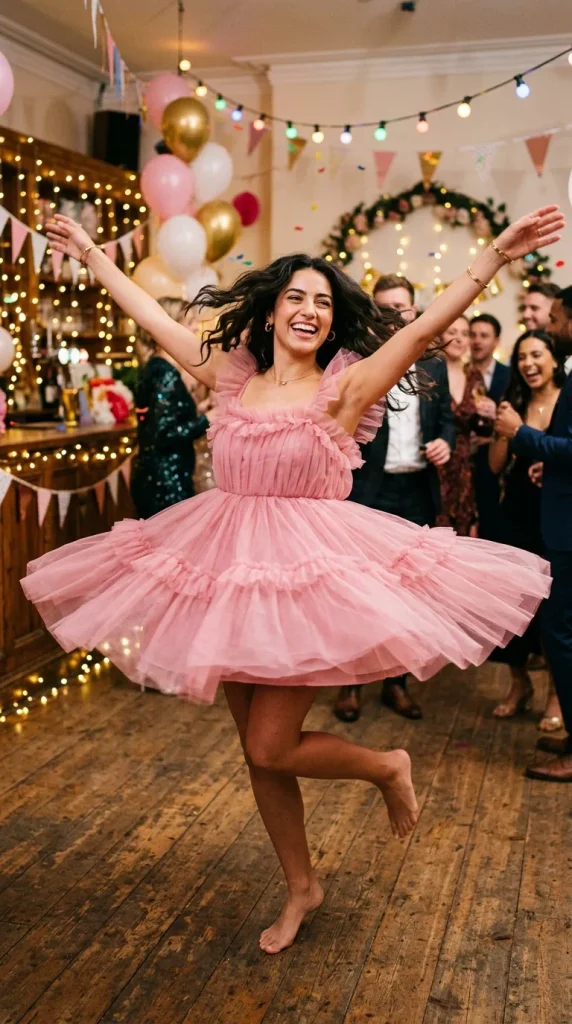 A happy woman captured mid-twirl on a wooden dance floor, wearing a playful pink tulle tiered mini dress at a festive party with string lights and bunting.
