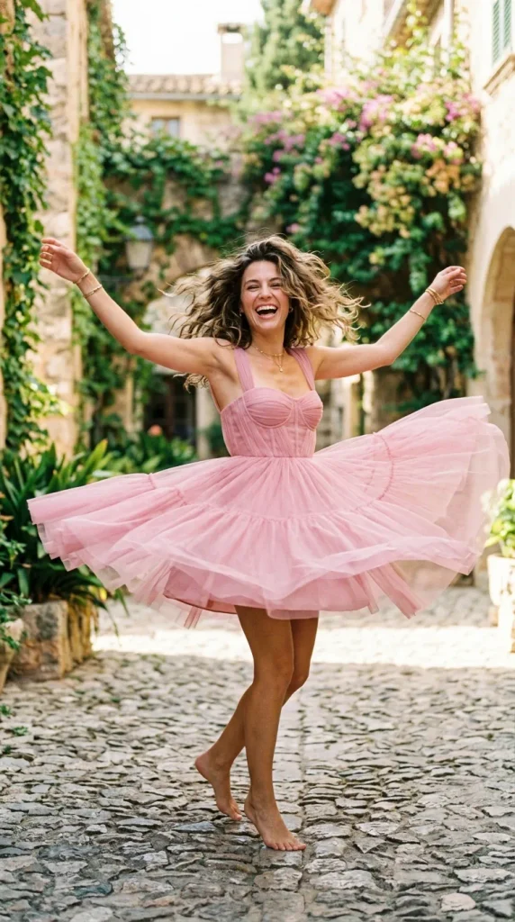 A happy woman captured mid-spin on a sunlit cobblestone street, wearing a playful pink tulle mini dress with a sweetheart neckline and ruffled skirt.