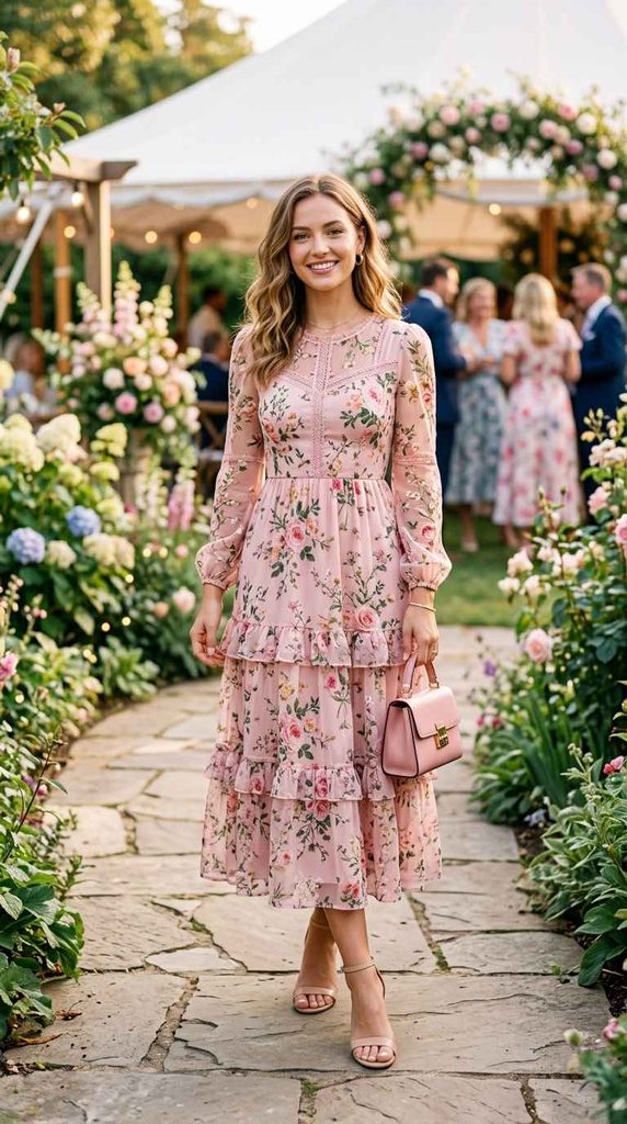 Woman wearing a pink floral modest tiered midi dress with long sleeves and handbag for a feminine event look