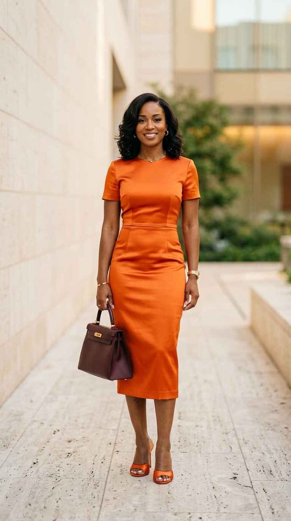 Full-length portrait of a woman wearing a fitted orange satin sheath dress with short sleeves, holding a structured top-handle dark leather handbag, against a modern stone wall.