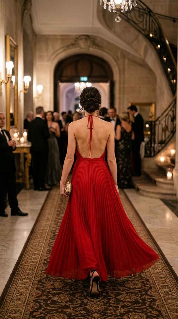 Rear view photograph of a woman confidently walking along a patterned runner towards a grand staircase and blurred guests, wearing a long red halter-neck gown with a low open back and a flowing pleated skirt, holding a small gold clutch.
