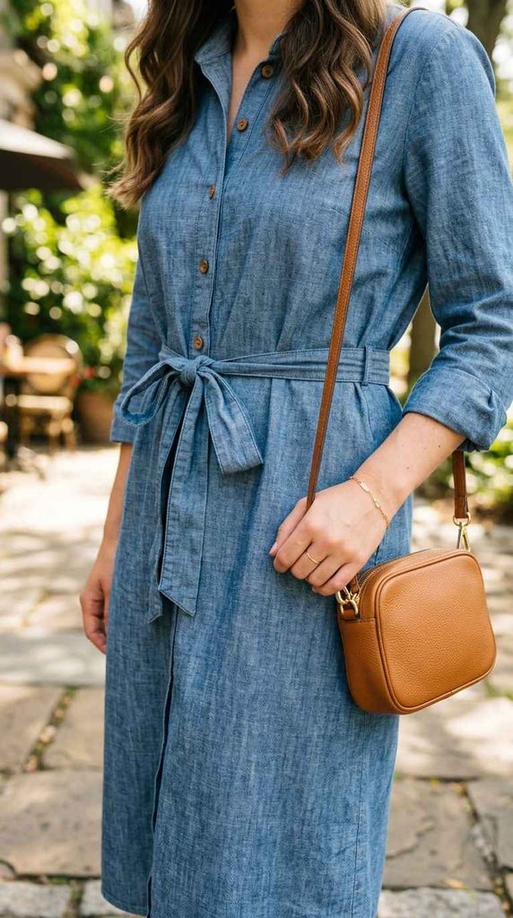 A three-quarter vertical photograph of a woman with long wavy brown hair, walking outdoors on a sunny stone path with blurred tables in the background. She is wearing a chambray blue short-sleeve midi shirt dress cinched with a matching waist tie belt, paired with a small brown leather camera crossbody bag and a delicate gold bracelet.