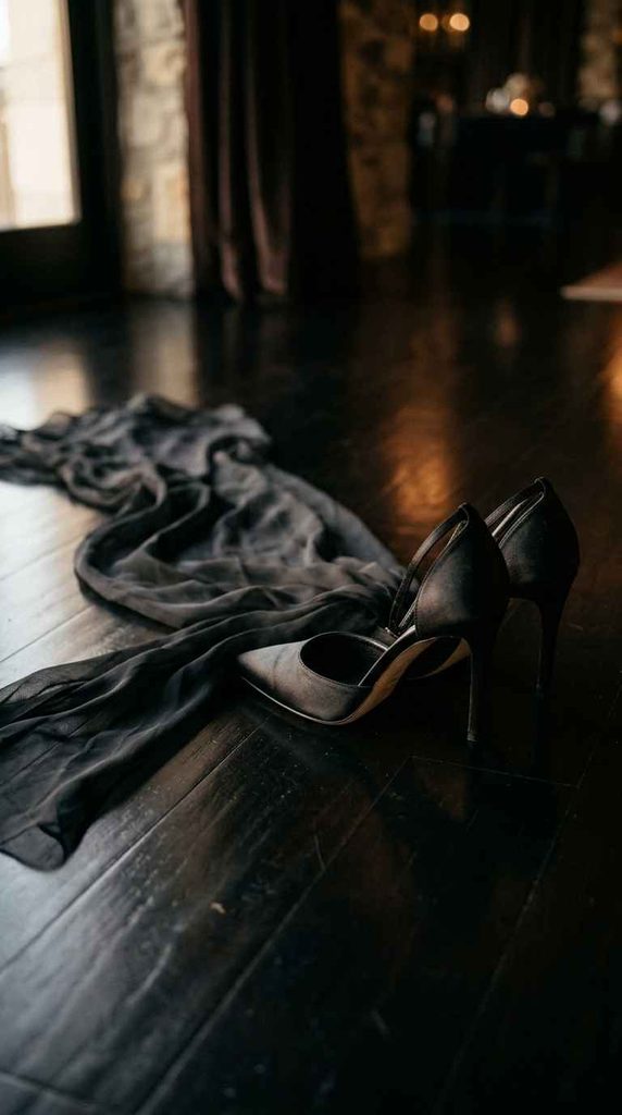 Sheer black fabric trailing on a dark floor with black high heels. This detail shot guarantees the modern elegance look is distinct from the other styling options