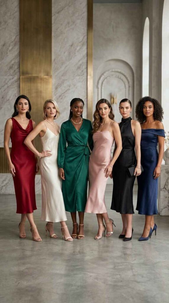 Six women of diverse ethnicities stand together, smiling, and model different elegant satin midi dress styles in various colors: red, off-white, emerald green (wrap style), dusty rose, black, and navy blue (off-the-shoulder). They are posed on a concrete floor in a modern room with large marble and gold wall panels.