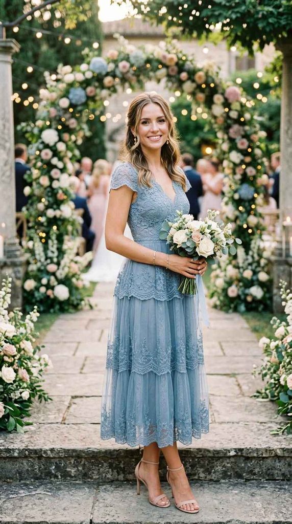 A beautiful woman standing in front of a floral wedding arch, wearing a dusty blue tulle and lace tiered midi dress with cap sleeves, holding a bridal bouquet of white and peach roses