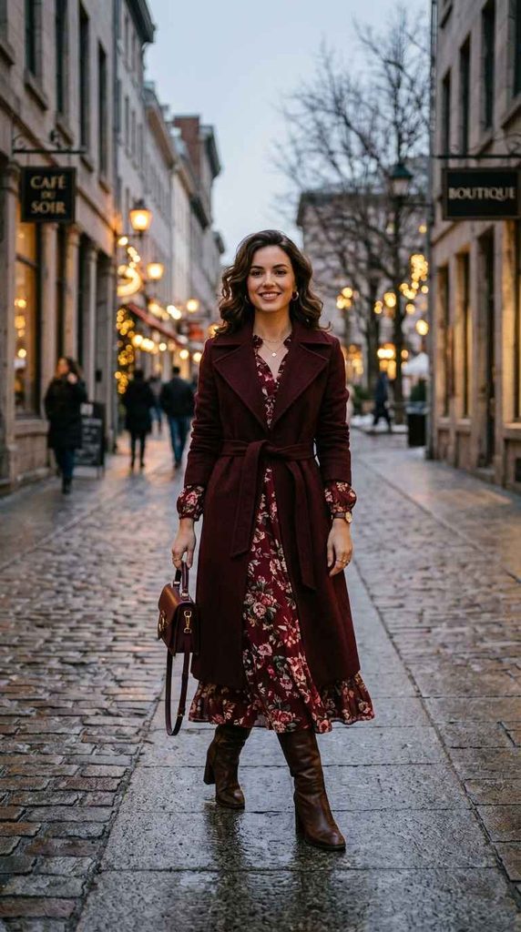 A full-length portrait of a brunette woman walking on a wet cobblestone street lined with shops at dusk, wearing a long burgundy wool coat tied at the waist over a matching burgundy floral long-sleeve maxi dress, paired with brown leather knee-high boots and a small burgundy handbag.