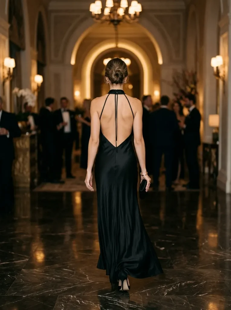 A woman viewed from behind walking into a formal event, wearing an elegant black satin halter gown with a dramatic open back and string ties. She is carrying a small black clutch and wearing black heels, with her hair styled in a chic low bun, set against an opulent, warmly lit hallway with blurred guests in black-tie attire mingling in the background.