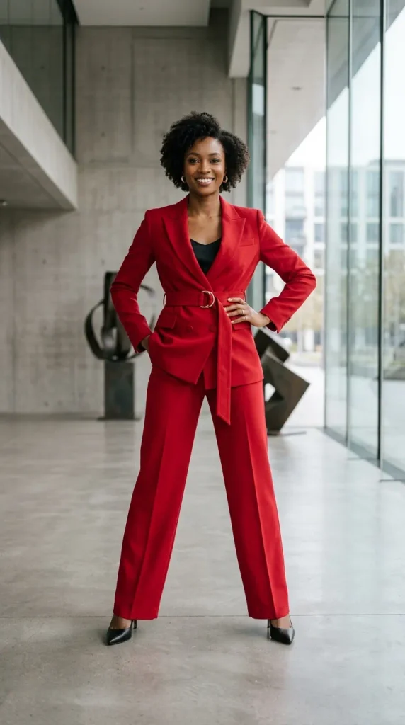 Full-length editorial photo of a woman in a long-sleeve red maxi dress featuring a high neckline and a fitted waist, posing gracefully in a modern neutral hallway.