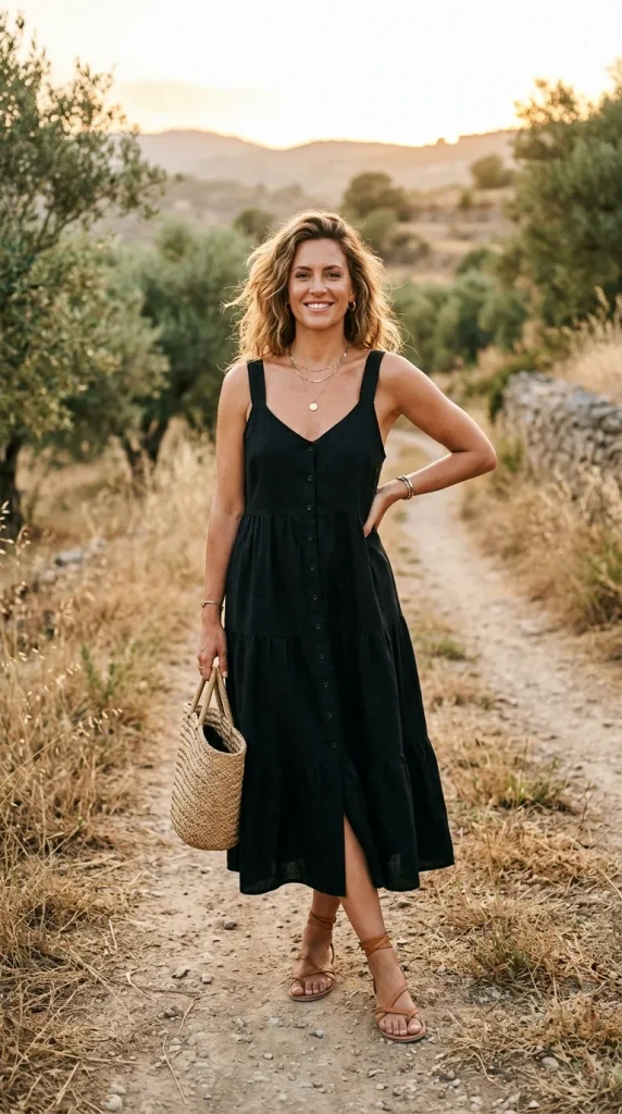 A smiling woman with wavy hair standing on a countryside dirt path at golden hour, wearing a black sleeveless tiered button-front midi dress with broad straps. She carries a woven straw tote bag and wears tan lace-up flat sandals, accessorized with layered gold necklaces, set against a backdrop of olive trees and dry summer fields.