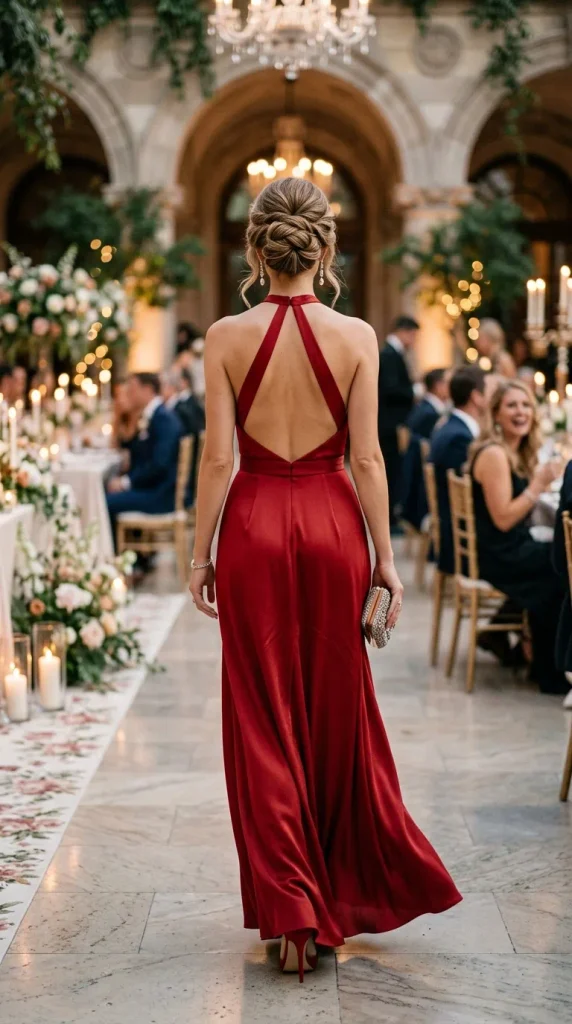 Back view of a woman with an elegant braided updo wearing a red satin halter neck gown with an open keyhole back, walking through a grand formal reception hall