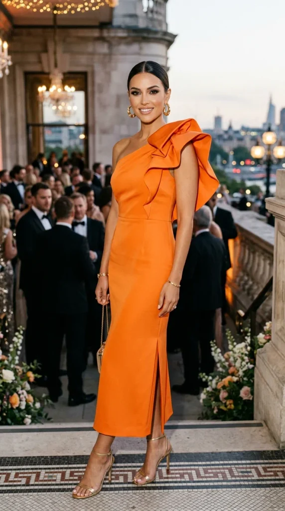 A chic woman wearing an orange one-shoulder midi dress highlighted by a dramatic shoulder ruffle detail and a side leg slit, paired with gold hoop earrings and strappy heels at a luxury event.