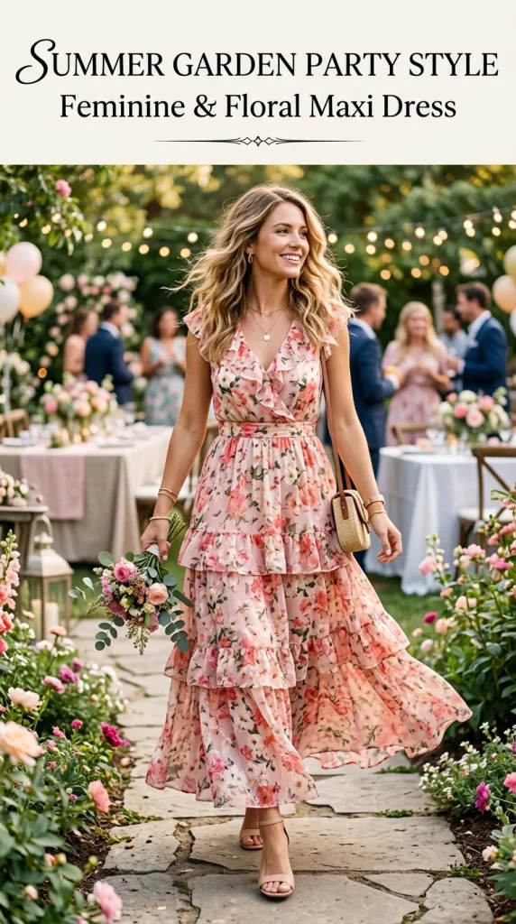 A woman attending an outdoor celebration wearing a sweet pink floral tiered maxi dress with ruffle details, carrying a woven crossbody bag and a small bouquet. The image features the text "SUMMER GARDEN PARTY STYLE" at the top.