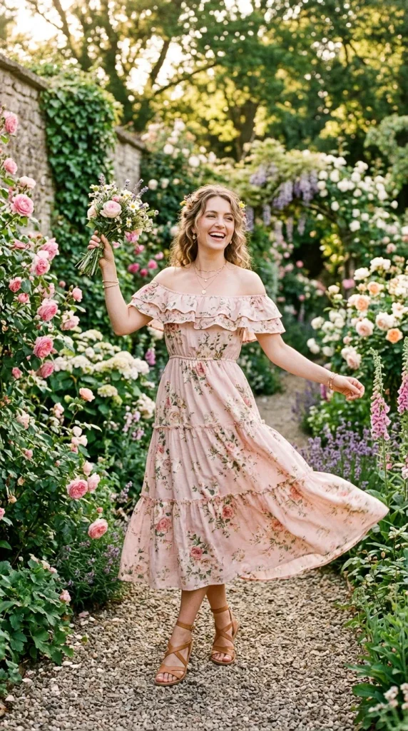 A smiling woman walking down a sunlit garden path holding a small floral bouquet, wearing a romantic blush pink floral off-the-shoulder tiered dress.
