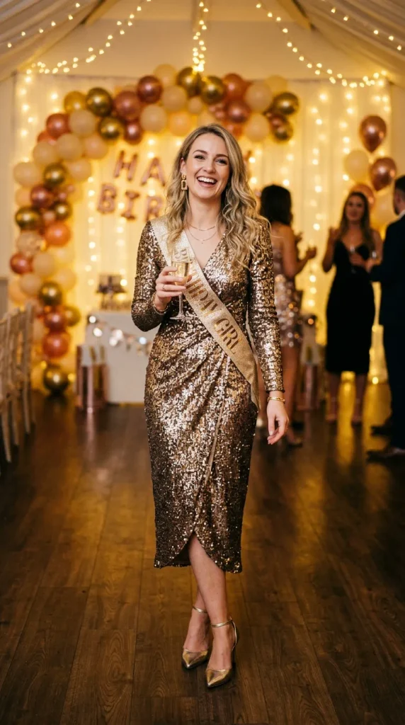 A woman celebrating her birthday indoors wearing a sparkling gold sequin wrap dress and a "Birthday Girl" sash, smiling and holding a glass of champagne with a balloon arch in the background.