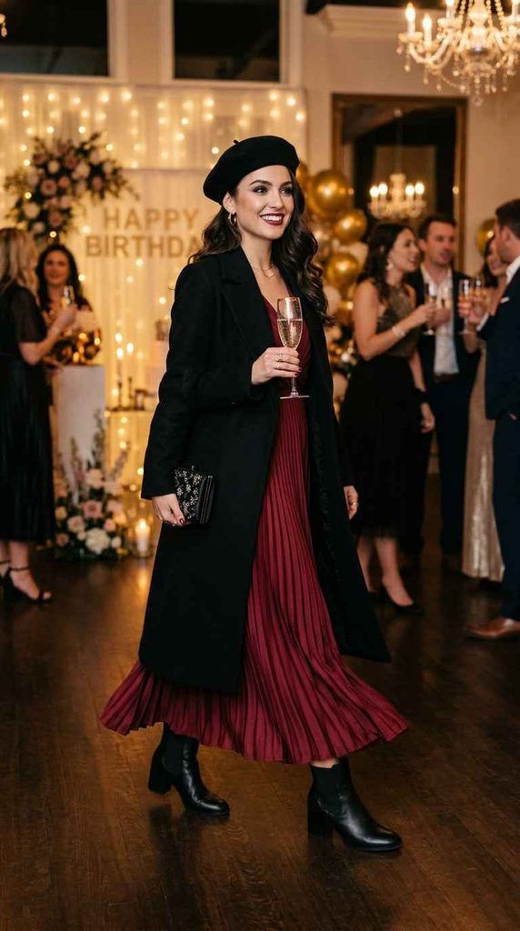 An elegant evening party look featuring a black long coat over a flowing burgundy pleated maxi dress with a black beret and ankle boots, showcasing Classy Dress Outfit Ideas for Women of Every Age.