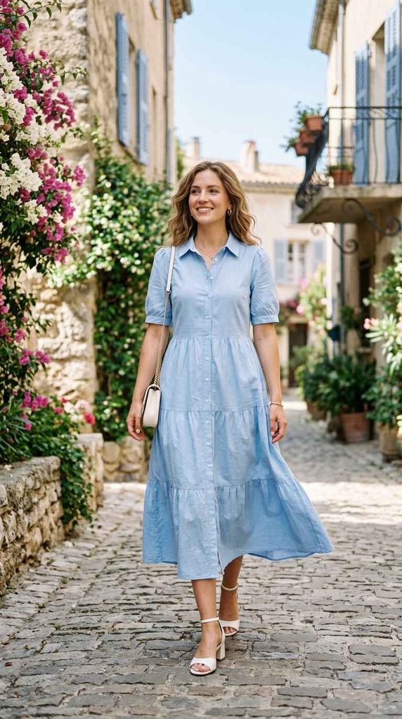 Woman wearing a light blue collared midi dress with button details and tiered skirt for a summer modest fashion look