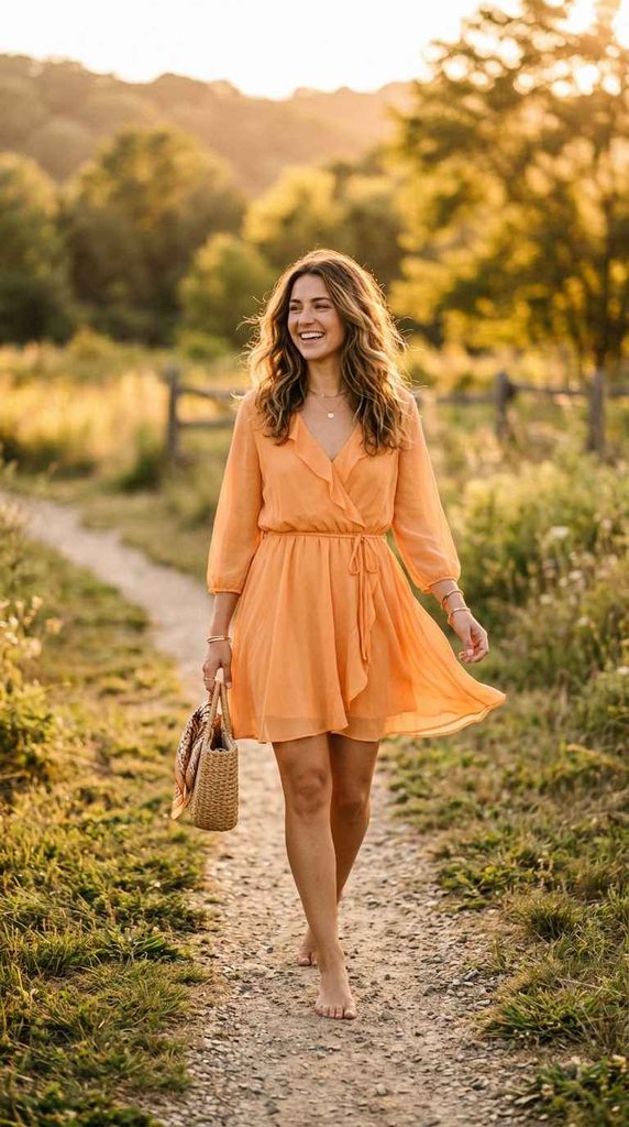Full-length candid photograph of a woman mid-twirl in a golden hour field, wearing a soft orange chiffon wrap mini dress barefoot, with the skirt fanning out in motion.